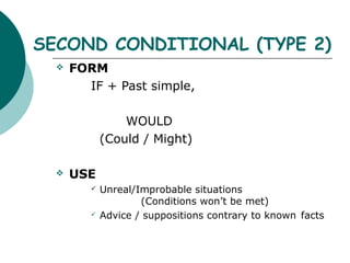 SECOND CONDITIONAL (TYPE 2)
     FORM
        IF + Past simple,

                 WOULD
             (Could / Might)

     USE
            Unreal/Improbable situations
                     (Conditions won’t be met)
            Advice / suppositions contrary to known facts
 