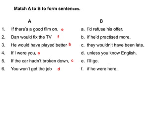 A B
1. If there’s a good film on, a. I’d refuse his offer.
2. Dan would fix the TV b. if he’d practised more.
3. He would have played better c. they wouldn’t have been late.
4. If I were you, d. unless you know English.
5. If the car hadn’t broken down, e. I’ll go.
6. You won’t get the job f. if he were here.
Match A to B to form sentences.
e
f
b
a
c
d
 