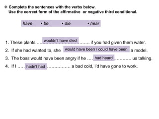 1. These plants ……………………………… if you had given them water.
2. If she had wanted to, she ……………………………… a model.
3. The boss would have been angry if he ………………………… us talking.
4. If I ……………………………… a bad cold, I’d have gone to work.
 Complete the sentences with the verbs below.
Use the correct form of the affirmative or negative third conditional.
have • be • die • hear
wouldn’t have died
would have been / could have been
had heard
hadn’t had
 