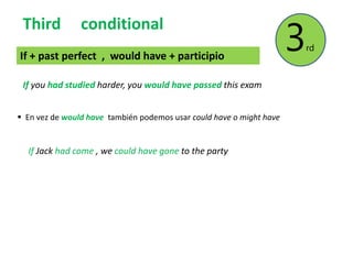 Third conditional
3rd
If + past perfect , would have + participio
If you had studied harder, you would have passed this exam
 En vez de would have también podemos usar could have o might have
If Jack had come , we could have gone to the party
 