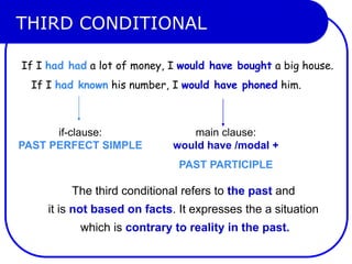 THIRD CONDITIONAL
If I had had a lot of money, I would have bought a big house.
If I had known his number, I would have phoned him.
if-clause:
PAST PERFECT SIMPLE
main clause:
would have /modal +
PAST PARTICIPLE
The third conditional refers to the past and
it is not based on facts. It expresses the a situation
which is contrary to reality in the past.
 