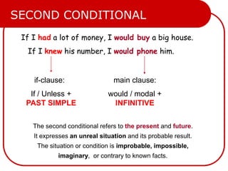 If I had a lot of money, I would buy a big house.
If I knew his number, I would phone him.
if-clause:
If / Unless +
PAST SIMPLE
main clause:
would / modal +
INFINITIVE
SECOND CONDITIONAL
The second conditional refers to the present and future.
It expresses an unreal situation and its probable result.
The situation or condition is improbable, impossible,
imaginary, or contrary to known facts.
 