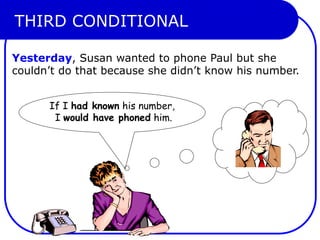 THIRD CONDITIONAL
Yesterday, Susan wanted to phone Paul but she
couldn’t do that because she didn’t know his number.
If I had known his number,
I would have phoned him.
 