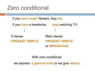 ZERO CONDITIONAL
If you don’t water flowers, they die.
If you have a headache, stop watching TV.
With zero conditional
we express a general truth or we give advice.
If clause:
PRESENT SIMPLE
Main clause:
PRESENT SIMPLE
or IMPERATIVE
Zero conditional
 