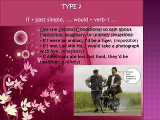 TYPE 2

If + past simple, ... would + verb-1 ...
      Use the Second Conditional to talk about
      impossible, imaginary, or unlikely situations:
      • If I were an animal, I’d be a tiger. (impossible)
      • If I met Lee Min Ho, I would take a photograph
      with him. (imaginary)
      • If Americans ate less fast food, they’d be
      healthier. (unlikely)
 