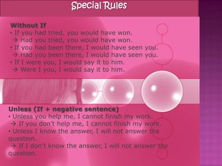 Special Rules

Without If
• If you had tried, you would have won.
  Had you tried, you would have won.
• If you had been there, I would have seen you.
  Had you been there, I would have seen you.
• If I were you, I would say it to him.
  Were I you, I would say it to him.




Unless (If + negative sentence)
• Unless you help me, I cannot finish my work.
  If you don’t help me, I cannot finish my work.
• Unless I know the answer, I will not answer the
question.
  If I don’t know the answer, I will not answer the
question.
 