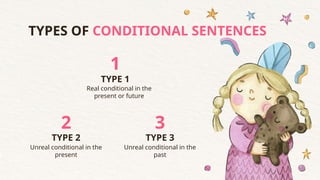 TYPES OF CONDITIONAL SENTENCES
2
Unreal conditional in the
present
1
Real conditional in the
present or future
3
Unreal conditional in the
past
TYPE 2
TYPE 1
TYPE 3
 