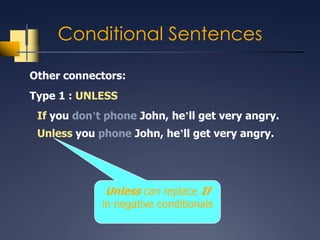 Conditional Sentences

Other connectors:
Type 1 : UNLESS
 If you don’t phone John, he’ll get very angry.
 Unless you phone John, he’ll get very angry.




             Unless can replace If
             in negative conditionals
 