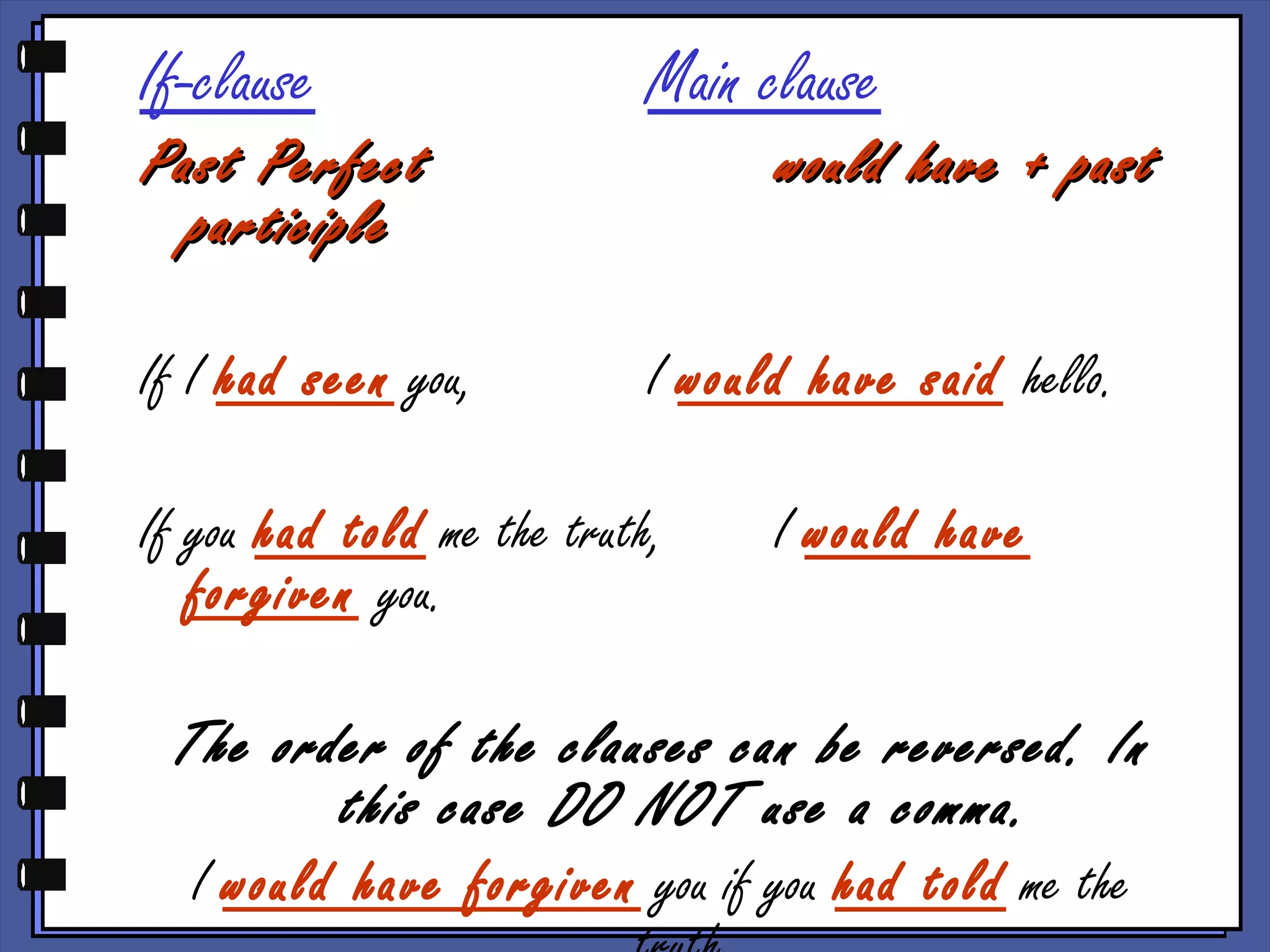 If-clause Main clause
Past PerfectPast Perfect would have + pastwould have + past
participleparticiple
If I had seen you, I would have said hello.
If you had told me the truth, I would have
forgiven you.
The order of the clauses can be reversed. In
this case DO NOT use a comma.
I would have forgiven you if you had told me the
 