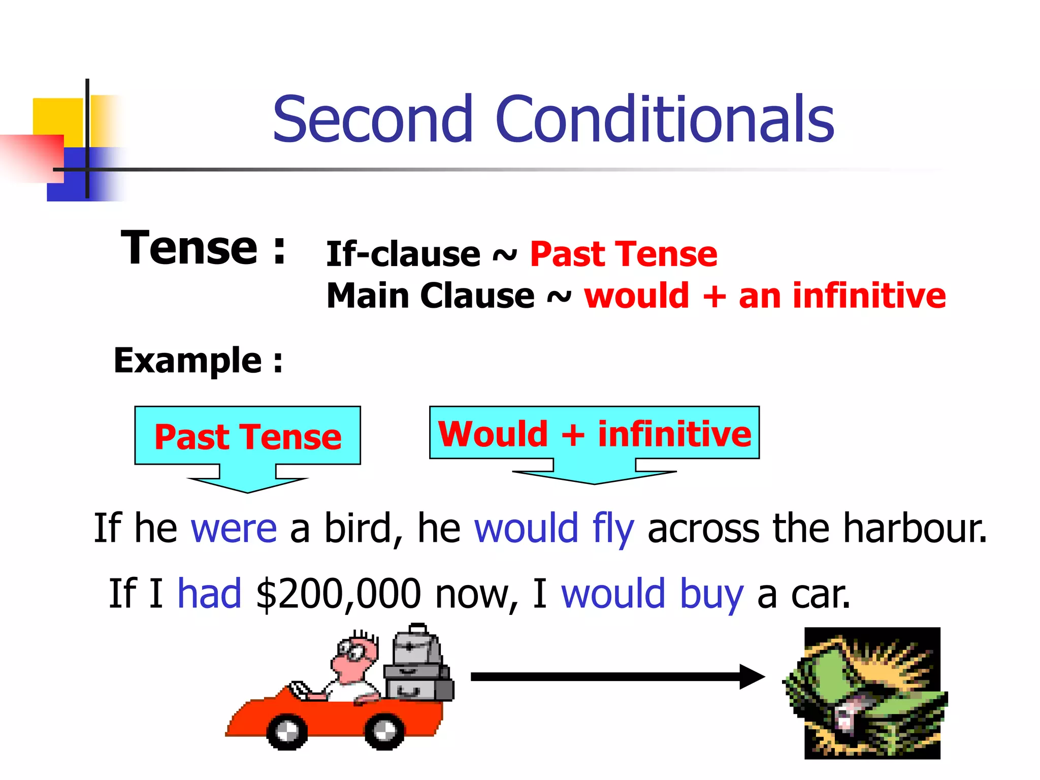 Second ConditionalsTense :If-clause ~ Past TenseMain Clause ~ would + an infinitiveExample :Past TenseWould + infinitive   If he were a bird, he would fly across the harbour.If I had $200,000 now, I would buy a car.