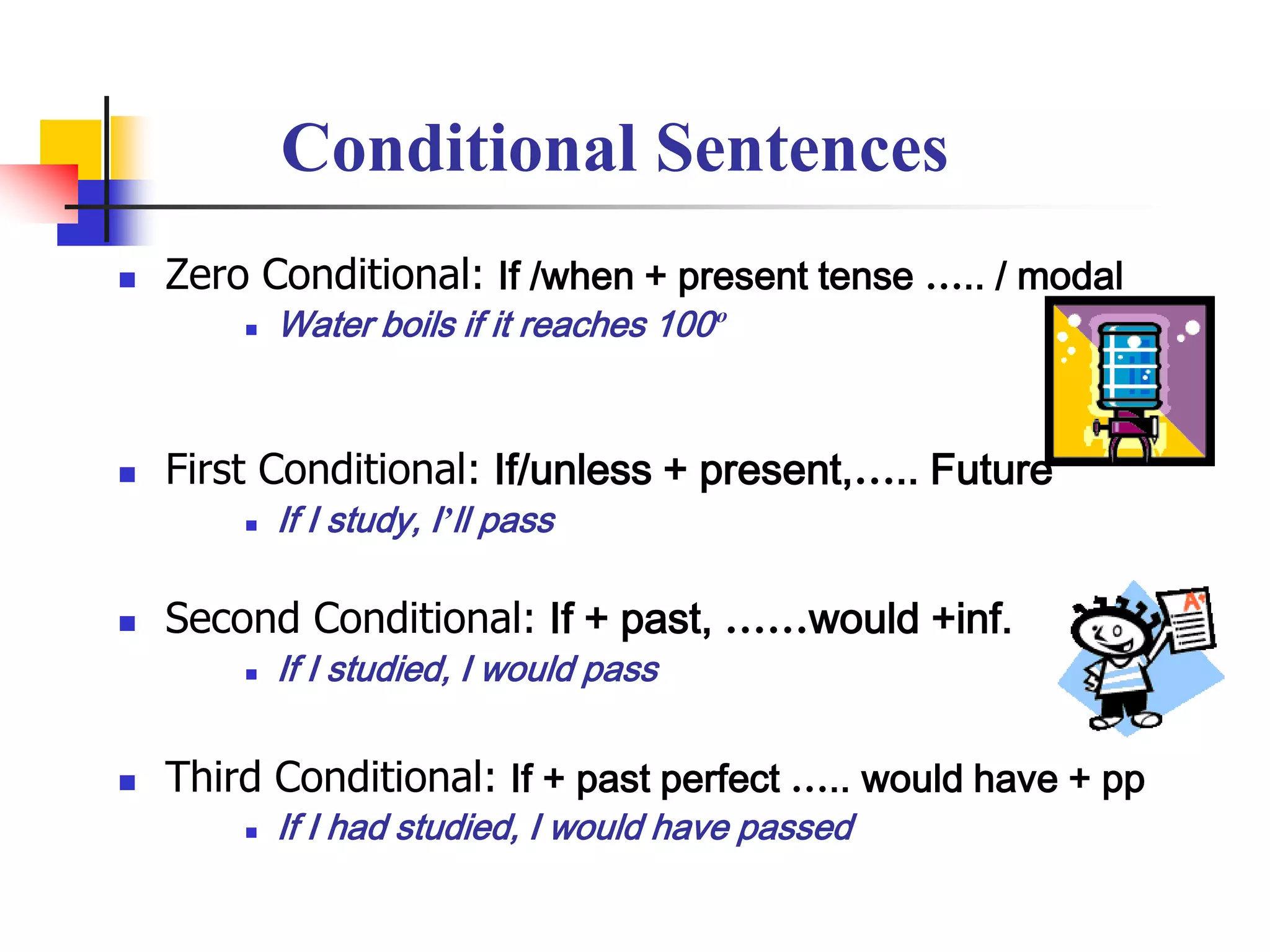 Conditional SentencesZero Conditional: If /when + present tense ….. / modalWater boils if it reaches 100ºFirst Conditional: If/unless + present,….. FutureIf I study, I’ll passSecond Conditional: If + past, ……would +inf.If I studied, I would passThird Conditional: If + past perfect ….. would have + ppIf I had studied, I would have passed