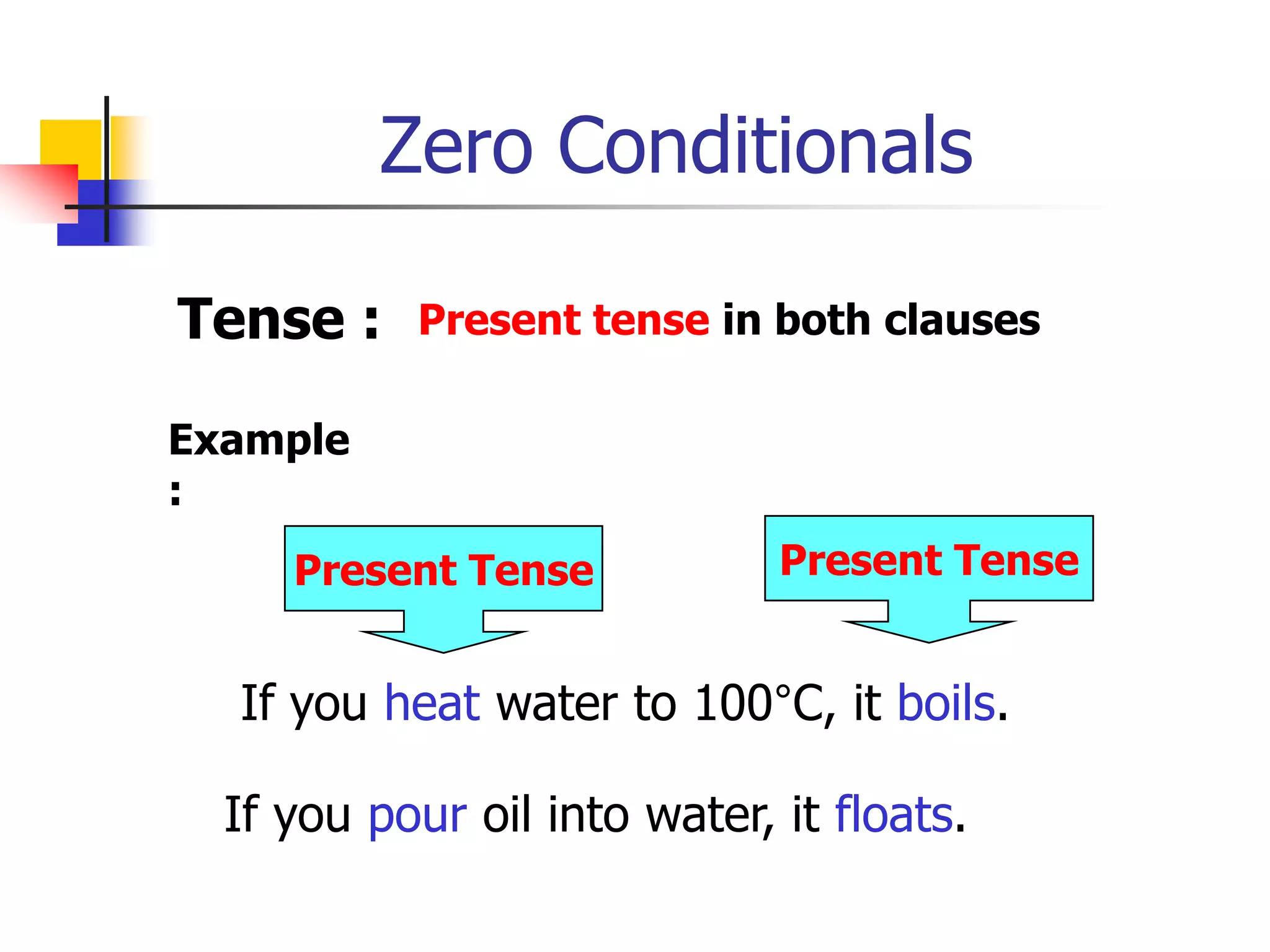 Zero ConditionalsTense :Present tense in both clausesExample :Present TensePresent TenseIf you heat water to 100°C, it boils.   If you pour oil into water, it floats.