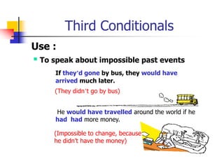 Third Conditionals<br />Use :<br /><ul><li> To speak about impossible past events</li></ul>If they’d gone by bus, they wou...