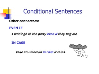 Conditional Sentences,[object Object],Other connectors:,[object Object],EVEN IF,[object Object],I won’t go to the party even if they beg me,[object Object],IN CASE,[object Object],Take an umbrella in case it rains,[object Object]