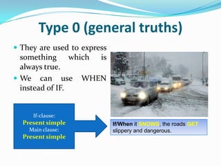 Type 0 (general truths)<br />They are used to express something which is always true.<br />We can use WHEN instead of IF.<...