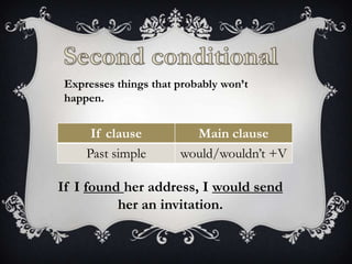Expresses things that probably won’t
happen.

If clause
Past simple

Main clause
would/wouldn’t +V

If I found her address, I would send
her an invitation.

 
