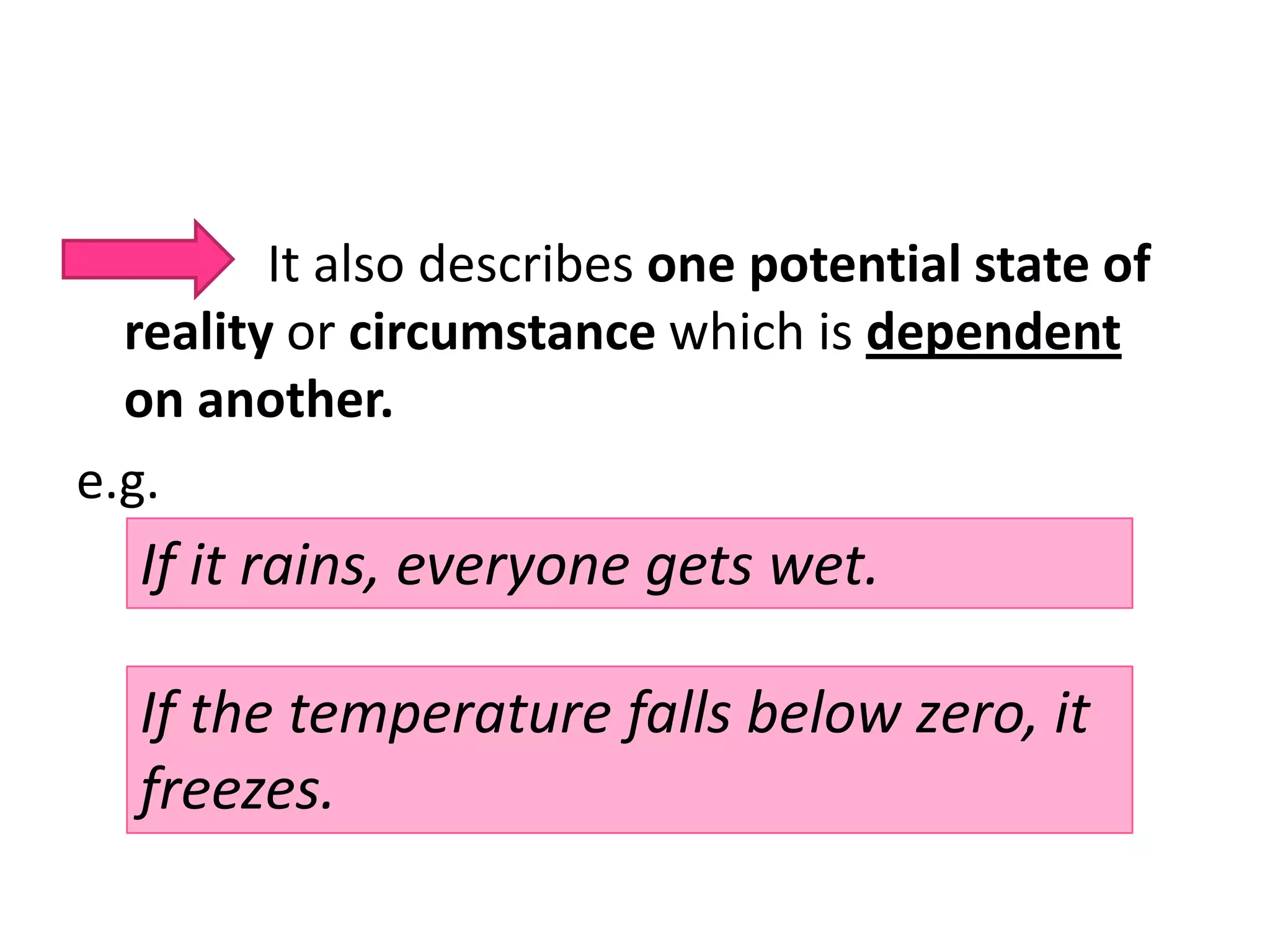 It also describes one potential state of
reality or circumstance which is dependent
on another.
e.g.

If it rains, everyone gets wet.
If the temperature falls below zero, it
freezes.

 