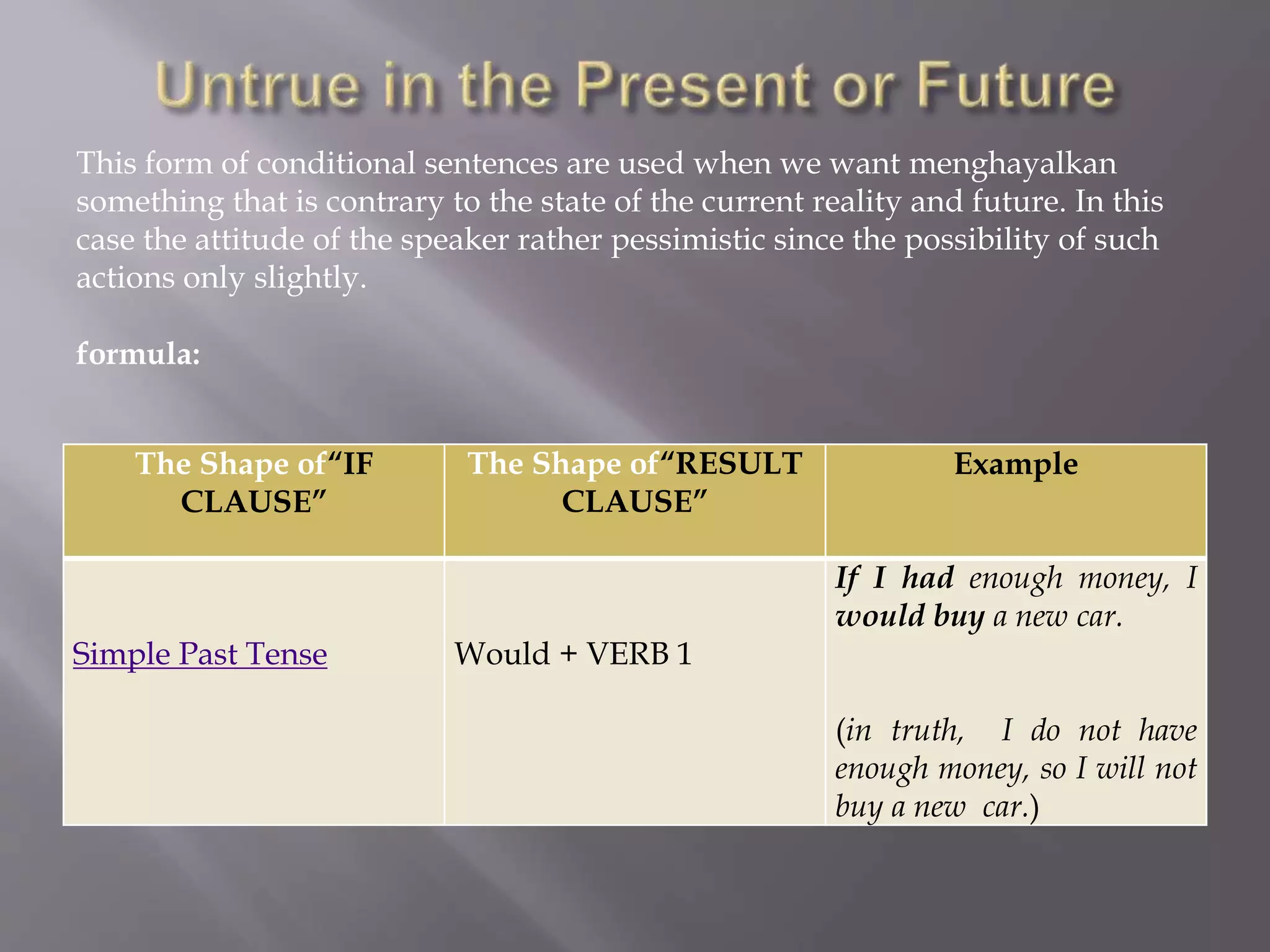 This form of conditional sentences are used when we want menghayalkan 
something that is contrary to the state of the current reality and future. In this 
case the attitude of the speaker rather pessimistic since the possibility of such 
actions only slightly. 
The Shape of“IF 
CLAUSE” 
The Shape of“RESULT 
CLAUSE” 
Example 
Simple Past Tense Would + VERB 1 
If I had enough money, I 
would buy a new car. 
(in truth, I do not have 
enough money, so I will not 
buy a new car.) 
formula: 
 