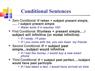  Zero Conditional: If /when + subject present simple,
….. / subject present simple

Water boils if it reaches 100º
 First Conditional: If/unless + present simple,…/
subject will infinitive (or modal infinitive)

If I study, I’ll pass

If I you come with me, you can meet my friends
 Second Conditional: If + subject past
simple,../subject would infinitive

If I had the money ,I would buy a new smart
phone
 Third Conditional: If + subject past perfect,…/subject
would have past participle

If I had taken a taxi, I would have arrived on time
Conditional Sentences
 