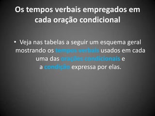 Os tempos verbais empregados em
cada oração condicional
• Veja nas tabelas a seguir um esquema geral
mostrando os tempos verbais usados em cada
uma das orações condicionais e
a condição expressa por elas.
 