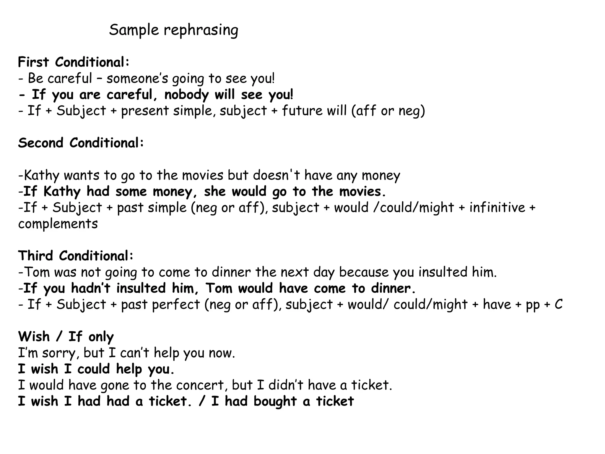 Sample rephrasing
First Conditional:
- Be careful – someone’s going to see you!
- If you are careful, nobody will see you!
- If + Subject + present simple, subject + future will (aff or neg)
Second Conditional:
-Kathy wants to go to the movies but doesn't have any money
-If Kathy had some money, she would go to the movies.
-If + Subject + past simple (neg or aff), subject + would /could/might + infinitive +
complements
Third Conditional:
-Tom was not going to come to dinner the next day because you insulted him.
-If you hadn’t insulted him, Tom would have come to dinner.
- If + Subject + past perfect (neg or aff), subject + would/ could/might + have + pp + C
Wish / If only
I’m sorry, but I can’t help you now.
I wish I could help you.
I would have gone to the concert, but I didn’t have a ticket.
I wish I had had a ticket. / I had bought a ticket
 
