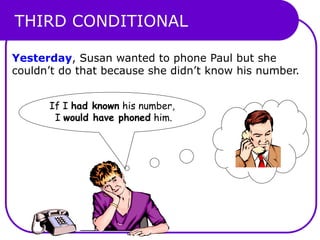 THIRD CONDITIONAL
Yesterday, Susan wanted to phone Paul but she
couldn’t do that because she didn’t know his number.
If I had known his number,
I would have phoned him.
 