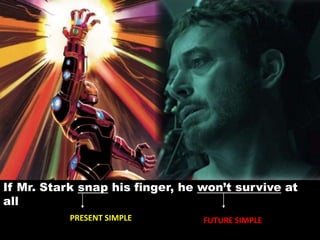 If Mr. Stark snap his finger, he won’t survive at
all
PRESENT SIMPLE FUTURE SIMPLE
 