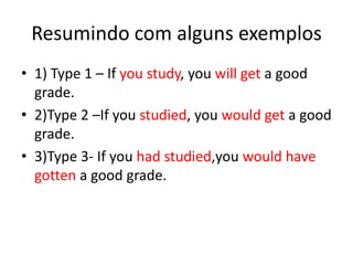 Resumindo com alguns exemplos1) Type 1 – Ifyoustudy, youwillgeta good grade.2)Type 2 –Ifyoustudied, youwouldgeta good grade.3)Type 3- Ifyouhadstudied,youwouldhavegottena good grade.