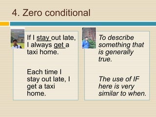 4. Zero conditional
If I stay out late,
I always get a
taxi home.
Each time I
stay out late, I
get a taxi
home.
To describe
something that
is generally
true.
The use of IF
here is very
similar to when.
 