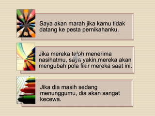 Saya akan marah jika kamu tidak
datang ke pesta pernikahanku.
Jika mereka telah menerima
nasihatmu, saya yakin,mereka akan
mengubah pola fikir mereka saat ini.
Jika dia masih sedang
menunggumu, dia akan sangat
kecewa.
 