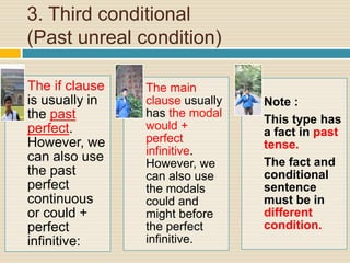 3. Third conditional
(Past unreal condition)
The if clause
is usually in
the past
perfect.
However, we
can also use
the pa...