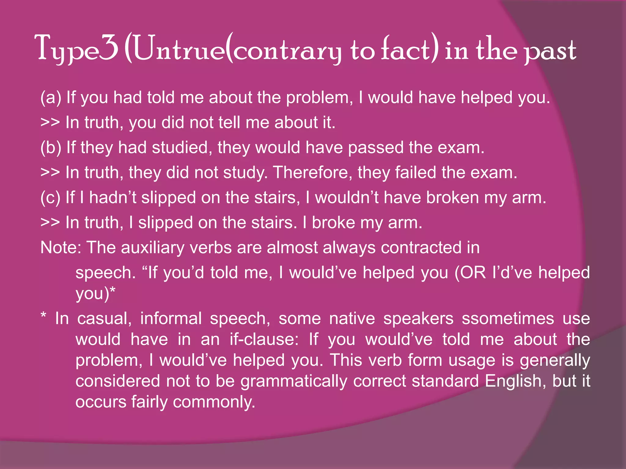 Type3 (Untrue(contrary to fact) in the past
(a) If you had told me about the problem, I would have helped you.
>> In truth, you did not tell me about it.
(b) If they had studied, they would have passed the exam.
>> In truth, they did not study. Therefore, they failed the exam.
(c) If I hadn’t slipped on the stairs, I wouldn’t have broken my arm.
>> In truth, I slipped on the stairs. I broke my arm.
Note: The auxiliary verbs are almost always contracted in
speech. “If you’d told me, I would’ve helped you (OR I’d’ve helped
you)*
* In casual, informal speech, some native speakers ssometimes use
would have in an if-clause: If you would’ve told me about the
problem, I would’ve helped you. This verb form usage is generally
considered not to be grammatically correct standard English, but it
occurs fairly commonly.

 