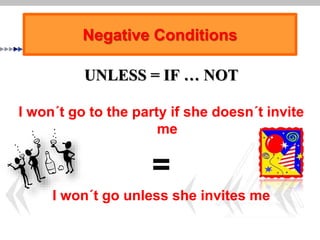 Negative Conditions
UNLESS = IF … NOT
I won´t go to the party if she doesn´t invite
me
=
I won´t go unless she invites me
 