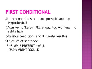All the conditions here are possible and not
Hypothetical.
( Agar ye ho/karein /karengay, tou wo hoga ,ho
sakta hai)
(Possible conditions and its likely results)
Structure of sentence –
IF +SIMPLE PRESENT +WILL
/MAY/MIGHT/COULD
 