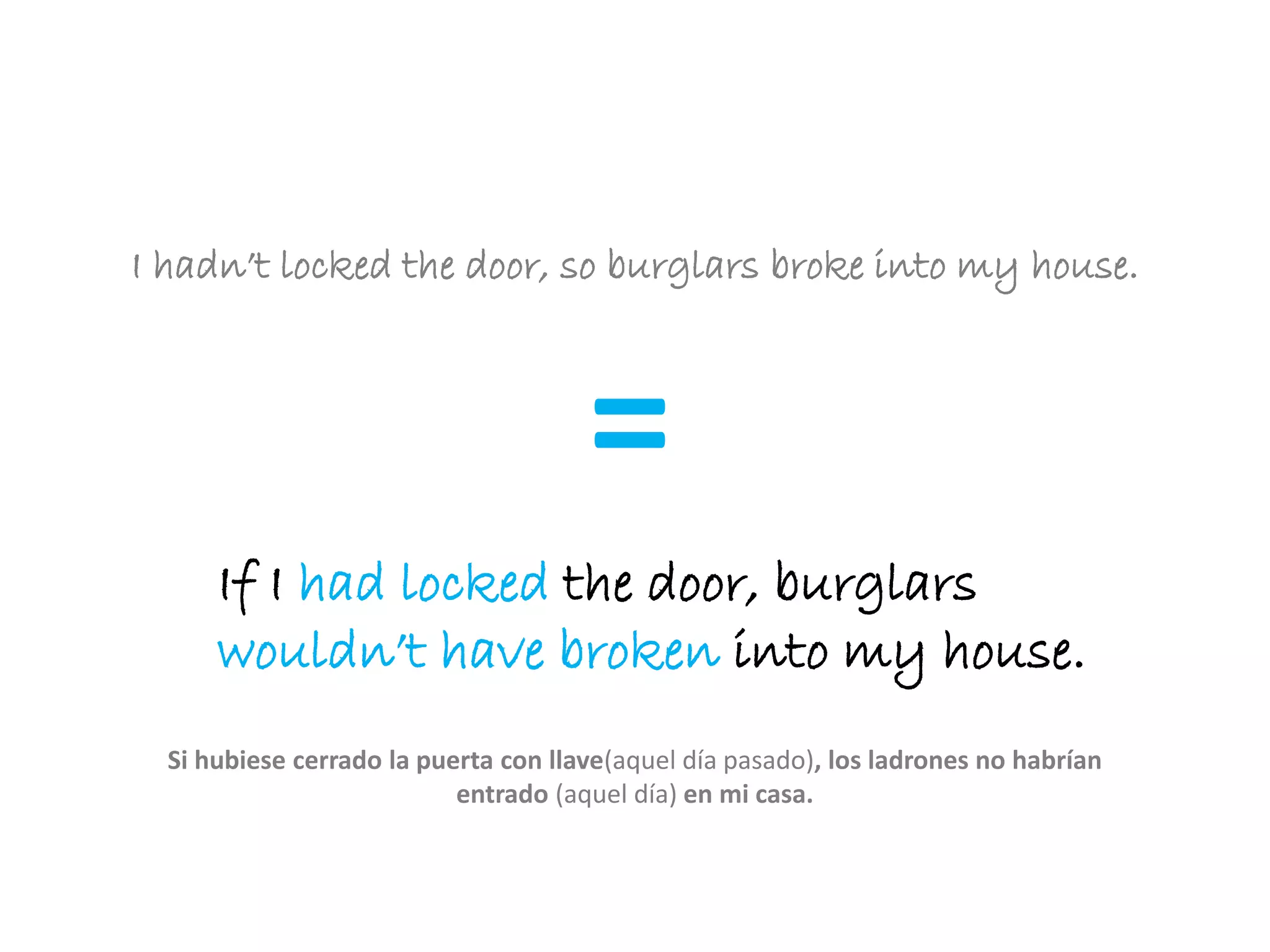 I hadn’t locked the door, so burglars broke into my house.
=
If I had locked the door, burglars
wouldn’t have broken into my house.
Si hubiese cerrado la puerta con llave(aquel día pasado), los ladrones no habrían
entrado (aquel día) en mi casa.
 