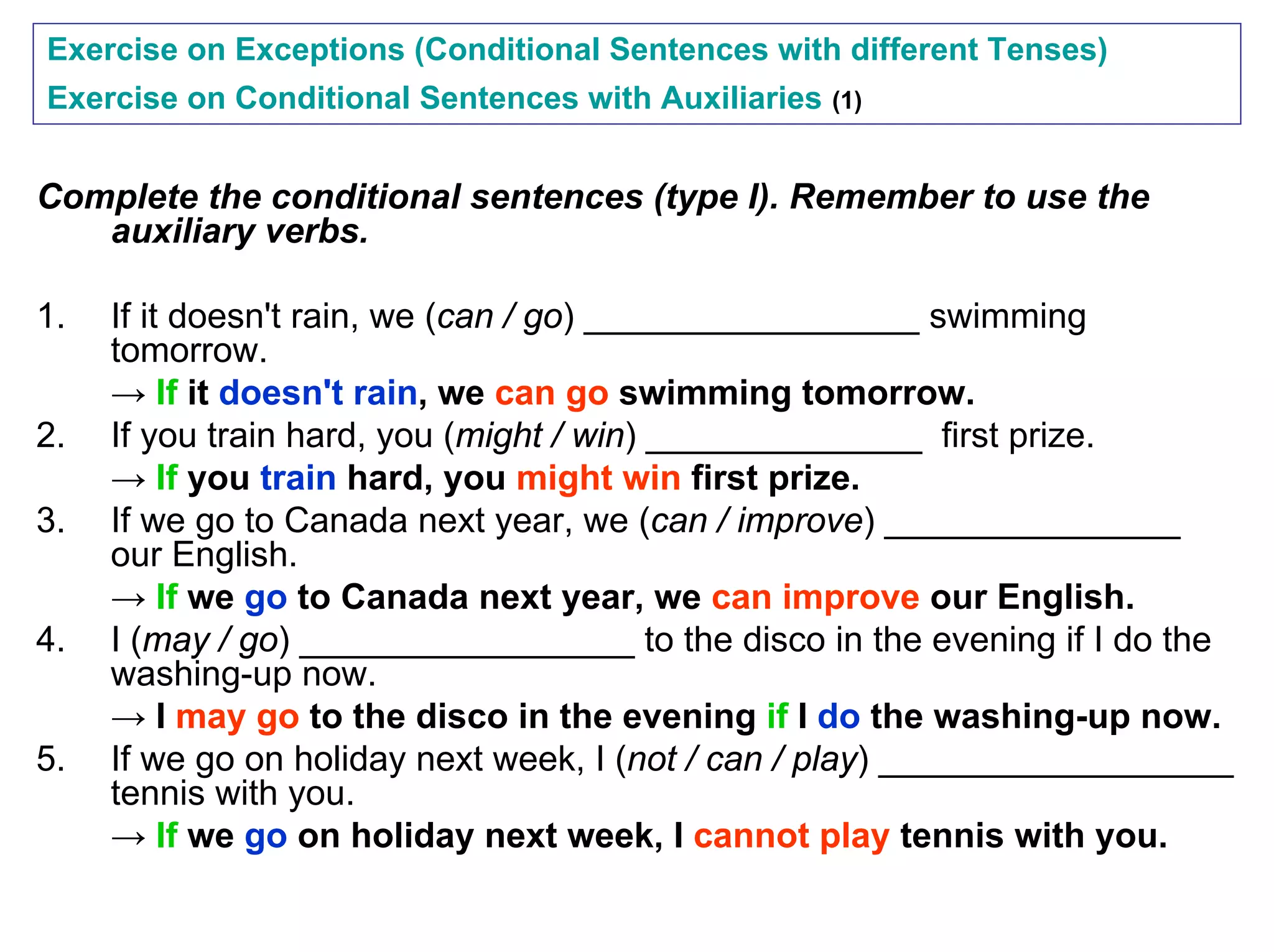 Exercise on Exceptions (Conditional Sentences with different Tenses)
Exercise on Conditional Sentences with Auxiliaries   (1)



Complete the conditional sentences (type I). Remember to use the
   auxiliary verbs.

1.   If it doesn't rain, we (can / go) _________________ swimming
     tomorrow.
     → If it doesn't rain, we can go swimming tomorrow.
2.   If you train hard, you (might / win) ______________ first prize.
     → If you train hard, you might win first prize.
3.   If we go to Canada next year, we (can / improve) _______________
     our English.
     → If we go to Canada next year, we can improve our English.
4.   I (may / go) _________________ to the disco in the evening if I do the
     washing-up now.
     → I may go to the disco in the evening if I do the washing-up now.
5.   If we go on holiday next week, I (not / can / play) __________________
     tennis with you.
     → If we go on holiday next week, I cannot play tennis with you.
 