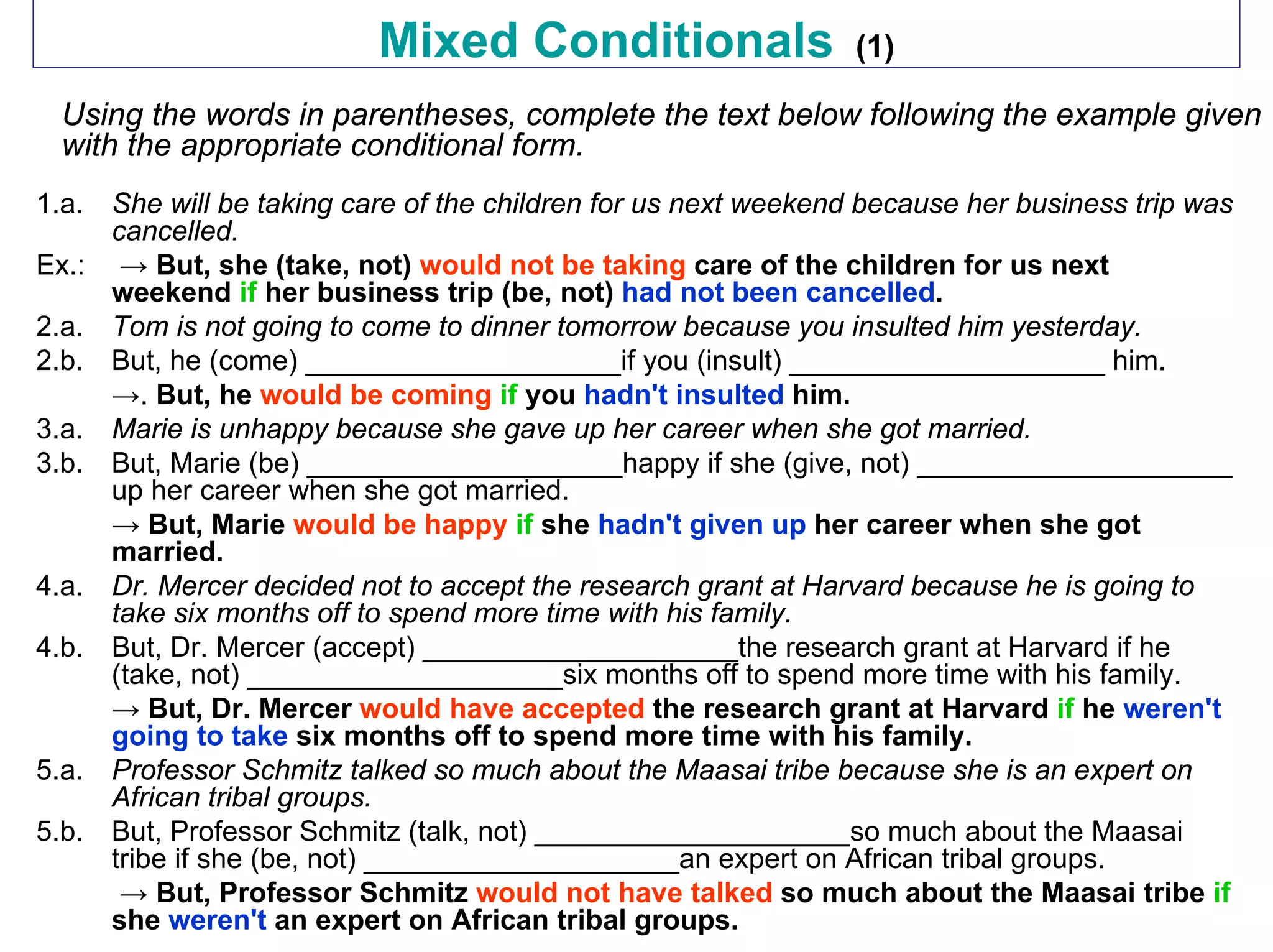 Mixed Conditionals                    (1)

 Using the words in parentheses, complete the text below following the example given
 with the appropriate conditional form.
1.a. She will be taking care of the children for us next weekend because her business trip was
     cancelled.
Ex.: → But, she (take, not) would not be taking care of the children for us next
     weekend if her business trip (be, not) had not been cancelled.
2.a. Tom is not going to come to dinner tomorrow because you insulted him yesterday.
2.b. But, he (come) ____________________if you (insult) ____________________ him.
     →. But, he would be coming if you hadn't insulted him.
3.a. Marie is unhappy because she gave up her career when she got married.
3.b. But, Marie (be) ____________________happy if she (give, not) ____________________
     up her career when she got married.
     → But, Marie would be happy if she hadn't given up her career when she got
     married.
4.a. Dr. Mercer decided not to accept the research grant at Harvard because he is going to
     take six months off to spend more time with his family.
4.b. But, Dr. Mercer (accept) ____________________the research grant at Harvard if he
     (take, not) ____________________six months off to spend more time with his family.
     → But, Dr. Mercer would have accepted the research grant at Harvard if he weren't
     going to take six months off to spend more time with his family.
5.a. Professor Schmitz talked so much about the Maasai tribe because she is an expert on
     African tribal groups.
5.b. But, Professor Schmitz (talk, not) ____________________so much about the Maasai
     tribe if she (be, not) ____________________an expert on African tribal groups.
      → But, Professor Schmitz would not have talked so much about the Maasai tribe if
     she weren't an expert on African tribal groups.
 