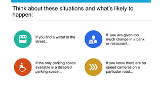 Think about these situations and what’s likely to
happen:
If you find a wallet in the
street...
If you are given too
much change in a bank
or restaurant...
If the only parking space
available is a disabled
parking space...
If you know there are no
speed cameras on a
particular road...
 