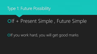 Type 1: Future Possibility
If + Present Simple , Future Simple
If you work hard, you will get good marks