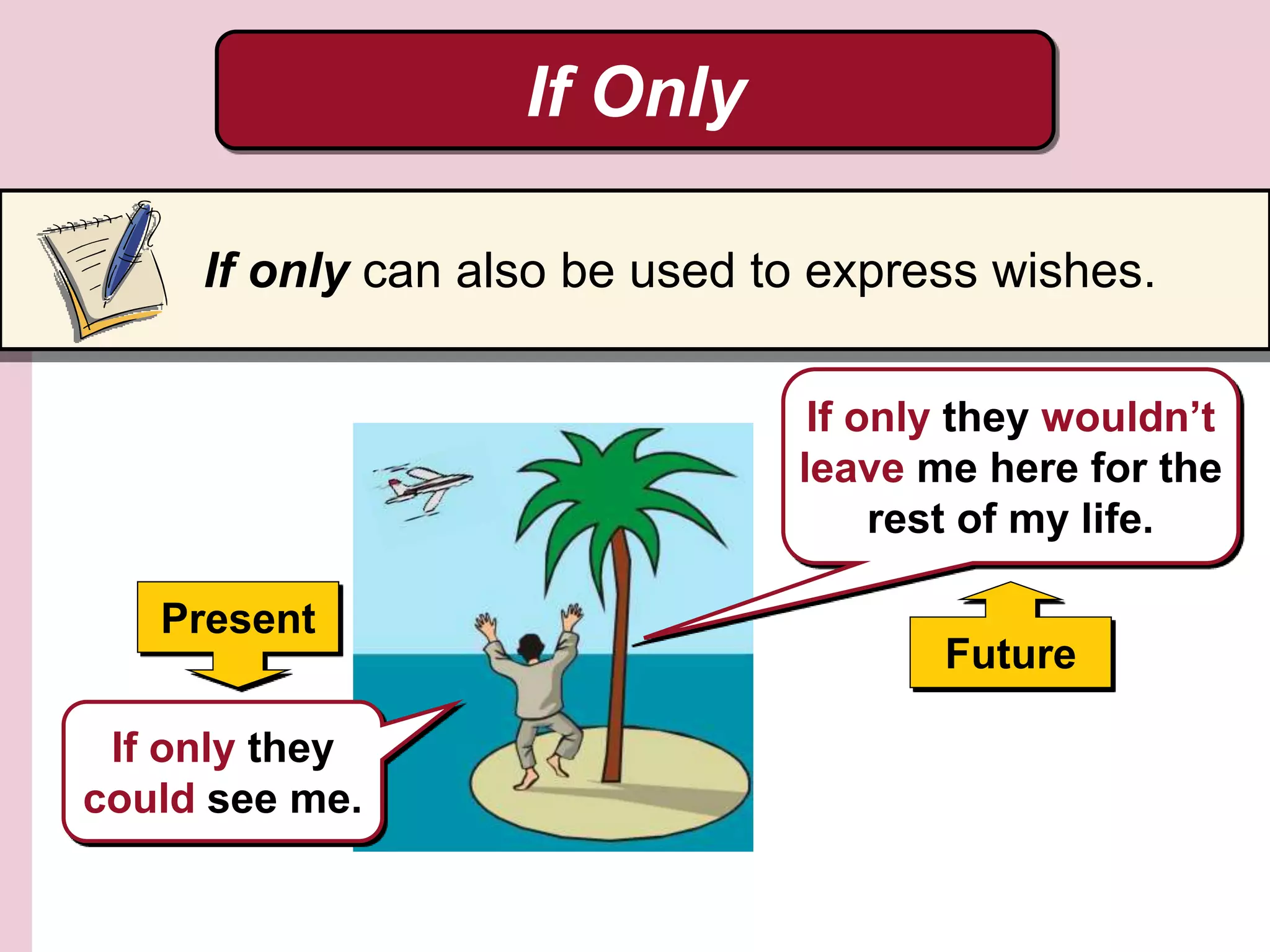 If Only
If only can also be used to express wishes.
If only they wouldn’t
leave me here for the
rest of my life.
If only they
could see me.
Present
Future
 
