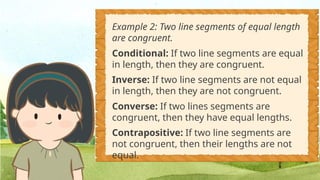 Example 2: Two line segments of equal length
are congruent.
Conditional: If two line segments are equal
in length, then they are congruent.
Inverse: If two line segments are not equal
in length, then they are not congruent.
Converse: If two lines segments are
congruent, then they have equal lengths.
Contrapositive: If two line segments are
not congruent, then their lengths are not
equal.
 
