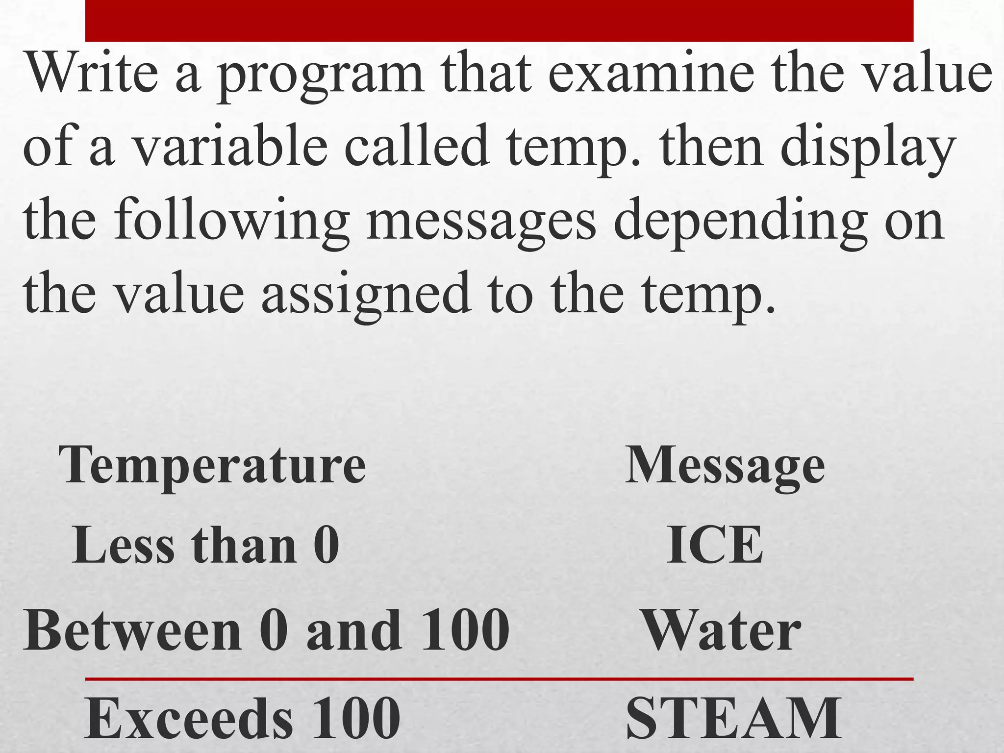 Write a program that examine the value of a variable called temp. then display the following messages depending on the value assigned to the temp.Temperature			Message Less than 0			   ICEBetween 0 and 100	 Water   Exceeds 100			STEAM