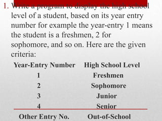 Write a program to display the high school level of a student, based on its year entry number for example the year-entry 1 means the student is a freshmen, 2 for sophomore, and so on. Here are the given criteria:Year-Entry Number	High School Level            1			    Freshmen         2		    Sophomore         3			       Junior         4			       Senior   Other Entry No.	  Out-of-School