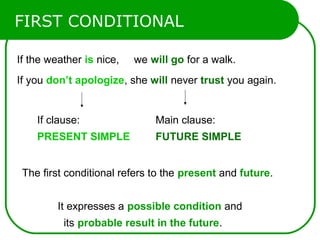 FIRST CONDITIONAL
If the weather is nice, we will go for a walk.
If you don’t apologize, she will never trust you again.
The first conditional refers to the present and future.
It expresses a possible condition and
its probable result in the future.
If clause:
PRESENT SIMPLE
Main clause:
FUTURE SIMPLE
 