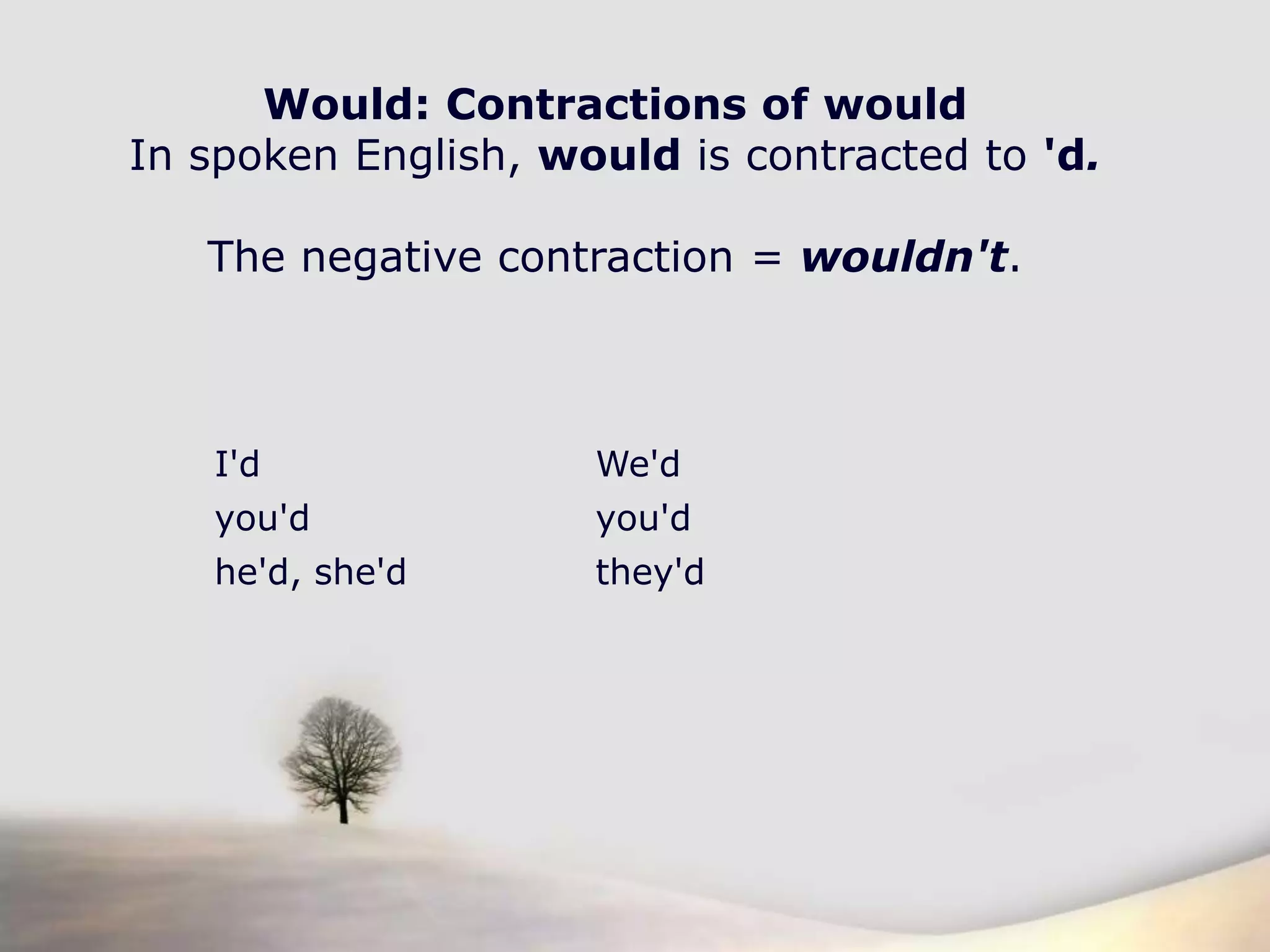 Would: Contractions of wouldIn spoken English, would is contracted to 'd.Thenegativecontraction = wouldn't.