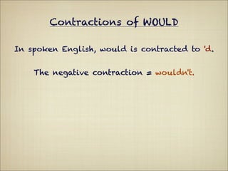 Contractions of WOULD

In spoken English, would is contracted to 'd.


    The negative contraction = wouldn't.
 