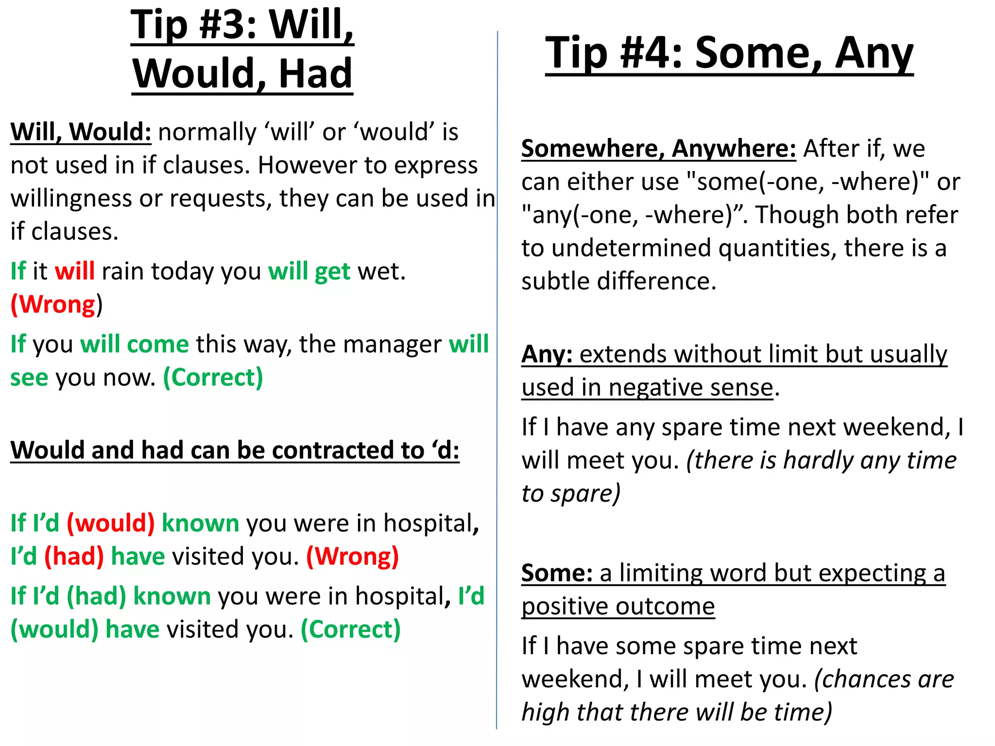 Will, Would: normally ‘will’ or ‘would’ is
not used in if clauses. However to express
willingness or requests, they can be used in
if clauses.
If it will rain today you will get wet.
(Wrong)
If you will come this way, the manager will
see you now. (Correct)
Would and had can be contracted to ‘d:
If I’d (would) known you were in hospital,
I’d (had) have visited you. (Wrong)
If I’d (had) known you were in hospital, I’d
(would) have visited you. (Correct)
Tip #3: Will,
Would, Had Tip #4: Some, Any
Somewhere, Anywhere: After if, we
can either use "some(-one, -where)" or
"any(-one, -where)”. Though both refer
to undetermined quantities, there is a
subtle difference.
Any: extends without limit but usually
used in negative sense.
If I have any spare time next weekend, I
will meet you. (there is hardly any time
to spare)
Some: a limiting word but expecting a
positive outcome
If I have some spare time next
weekend, I will meet you. (chances are
high that there will be time)
 