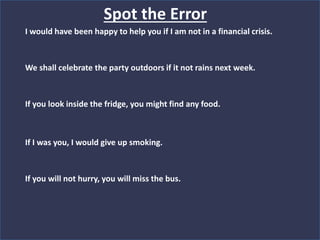 Spot the Error
I would have been happy to help you if I am not in a financial crisis.
We shall celebrate the party outdoors if it not rains next week.
If you look inside the fridge, you might find any food.
If I was you, I would give up smoking.
If you will not hurry, you will miss the bus.
 