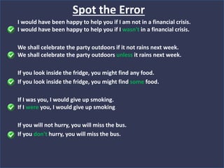 I would have been happy to help you if I am not in a financial crisis.
I would have been happy to help you if I wasn't in a financial crisis.
We shall celebrate the party outdoors if it not rains next week.
We shall celebrate the party outdoors unless it rains next week.
If you look inside the fridge, you might find any food.
If you look inside the fridge, you might find some food.
If I was you, I would give up smoking.
If I were you, I would give up smoking.
If you will not hurry, you will miss the bus.
If you don't hurry, you will miss the bus.
Spot the Error
 