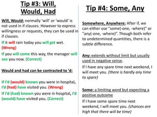 Will, Would: normally ‘will’ or ‘would’ is
not used in if clauses. However to express
willingness or requests, they can be used in
if clauses.
If it will rain today you will get wet.
(Wrong)
If you will come this way, the manager will
see you now. (Correct)
Would and had can be contracted to ‘d:
If I’d (would) known you were in hospital,
I’d (had) have visited you. (Wrong)
If I’d (had) known you were in hospital, I’d
(would) have visited you. (Correct)
Tip #3: Will,
Would, Had Tip #4: Some, Any
Somewhere, Anywhere: After if, we
can either use "some(-one, -where)" or
"any(-one, -where)”. Though both refer
to undetermined quantities, there is a
subtle difference.
Any: extends without limit but usually
used in negative sense.
If I have any spare time next weekend, I
will meet you. (there is hardly any time
to spare)
Some: a limiting word but expecting a
positive outcome
If I have some spare time next
weekend, I will meet you. (chances are
high that there will be time)
 